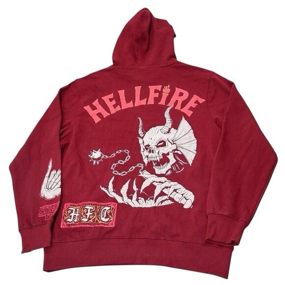 Stranger Things Hellfire Club Hoodie Maroon Mens Graphic 2-Sided Sweatshirt XL - Picture 2 of 6